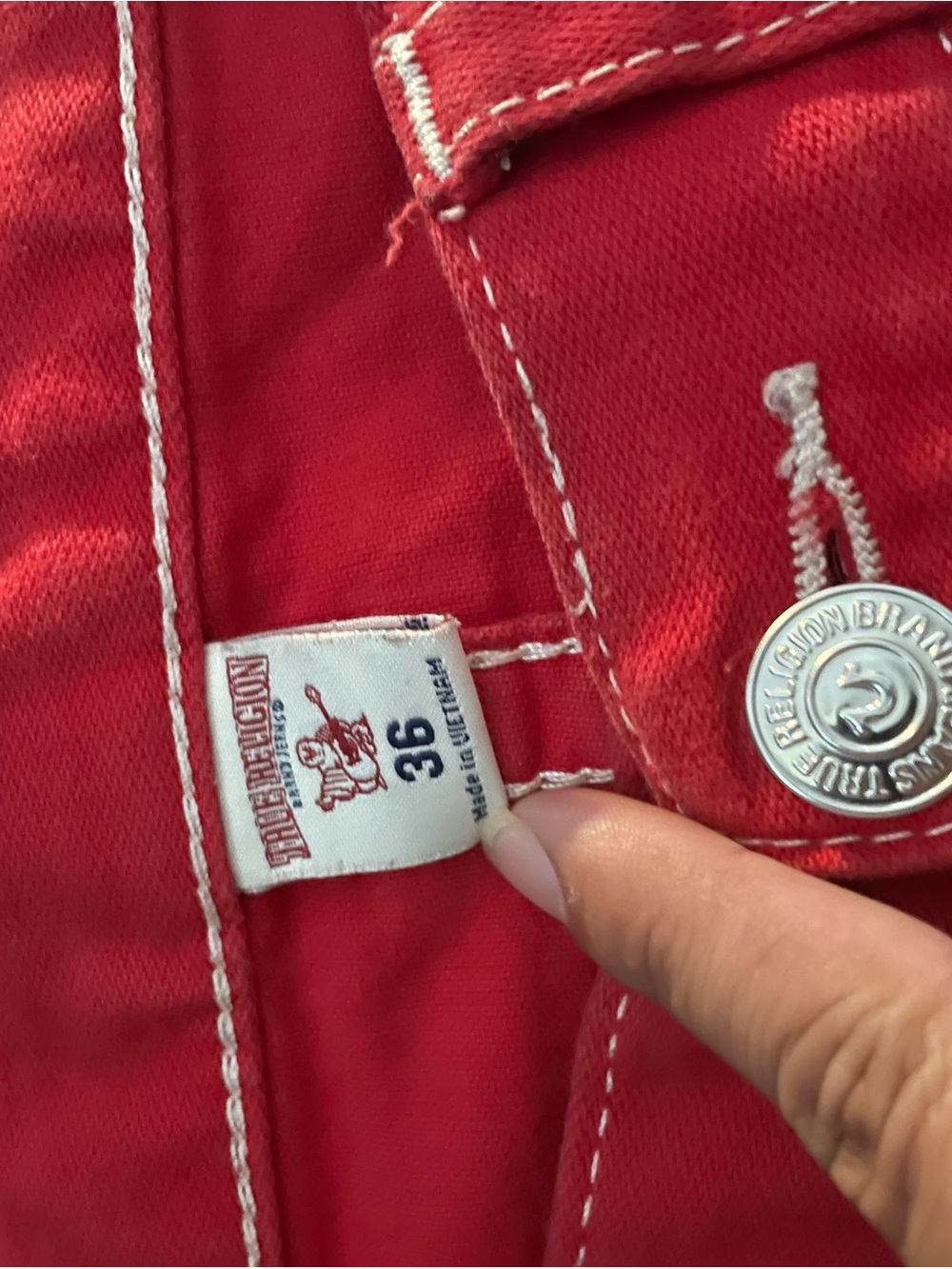 True Religion Red Denim Jeans with Silver Logo Button
